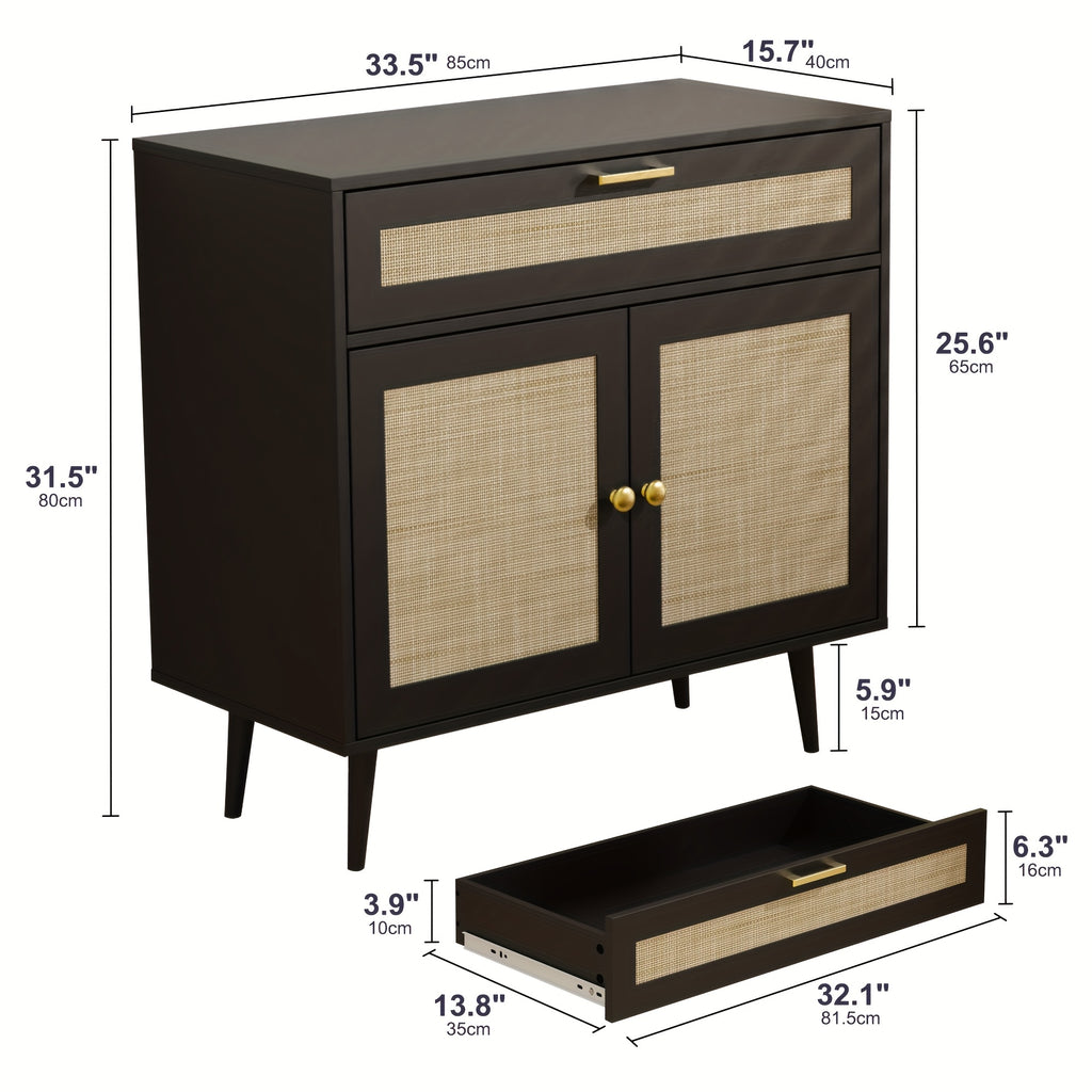 MHOM Rattan Buffet Sideboard Cabinet with Storage, Boho Kitchen Cabinet with Drawer & 2 Doors, Modern Mid Century Accent Cabinet with Adjustable Shelf, Coffee Bar for Living Room, Dinning Room, Hallway, Black\u002FOak