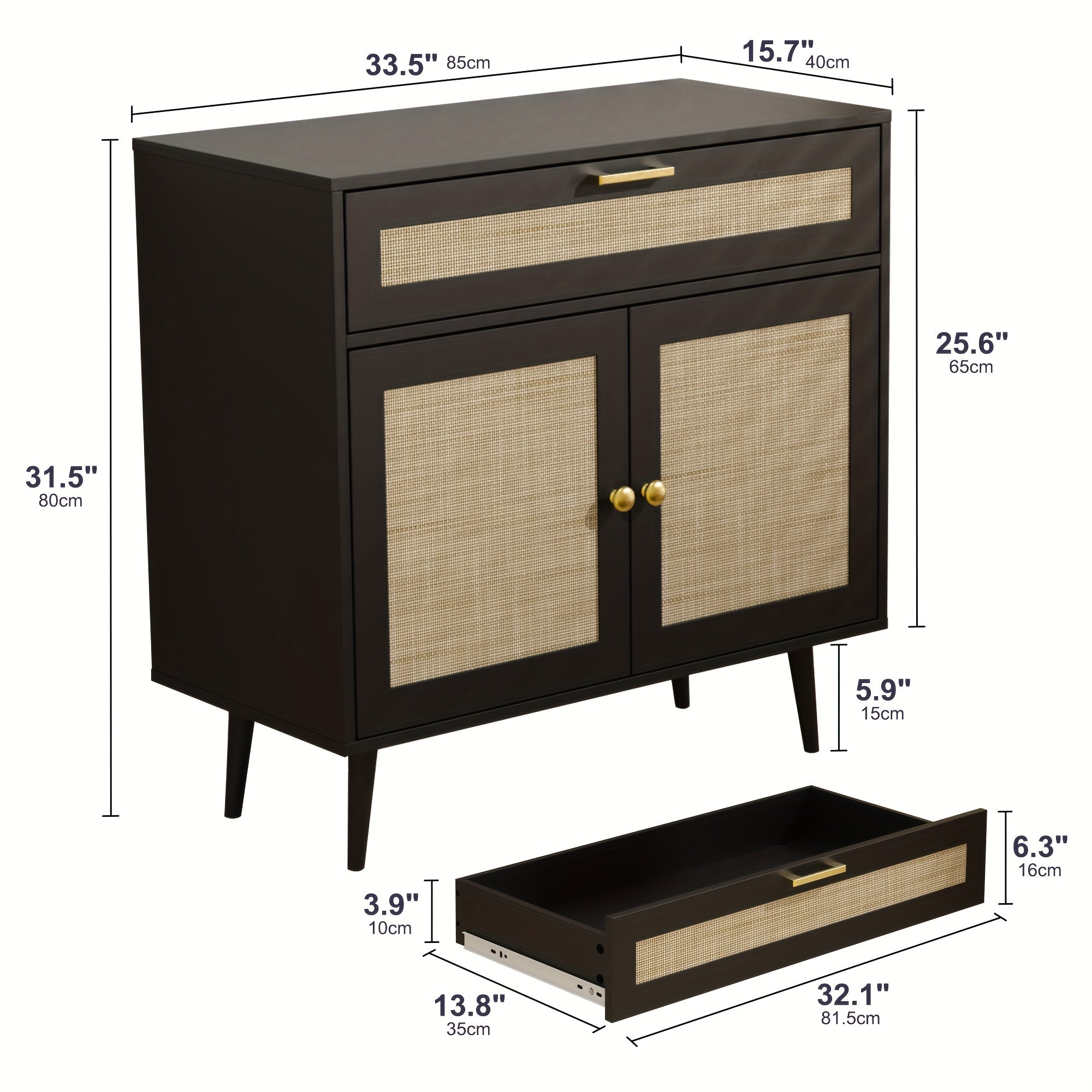 MHOM Rattan Buffet Sideboard Cabinet with Storage, Boho Kitchen Cabinet with Drawer & 2 Doors, Modern Mid Century Accent Cabinet with Adjustable Shelf, Coffee Bar for Living Room, Dinning Room, Hallway, Black\u002FOak